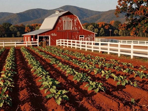 North Carolina Piedmont farmland with sweet potato fields and a tobacco barn under golden evening light near the Blue Ridge foothills