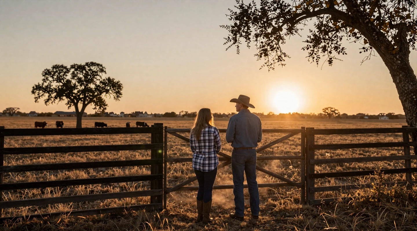 Couple standing by a ranch fence at golden hour on a Texas cattle ranch - texas farmers dating