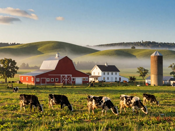 Wisconsin dairy farm with red barn, silos and Holstein cows grazing on rolling green hills at sunrise