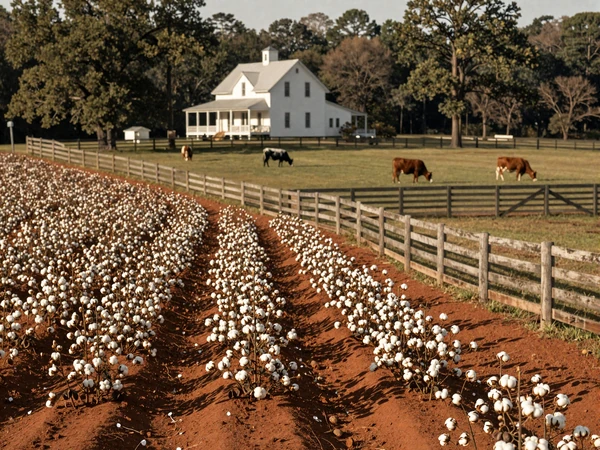 Alabama cotton fields and cattle pastures with a white farmhouse under golden sunset light in the Deep South