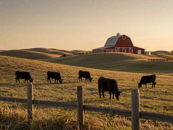Nebraska Sandhills ranch with Black Angus cattle grazing on rolling hills at golden hour