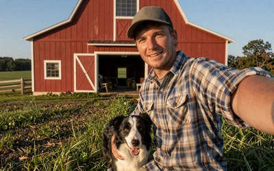 Farmer taking selfie with dog near barn - dating profile tips