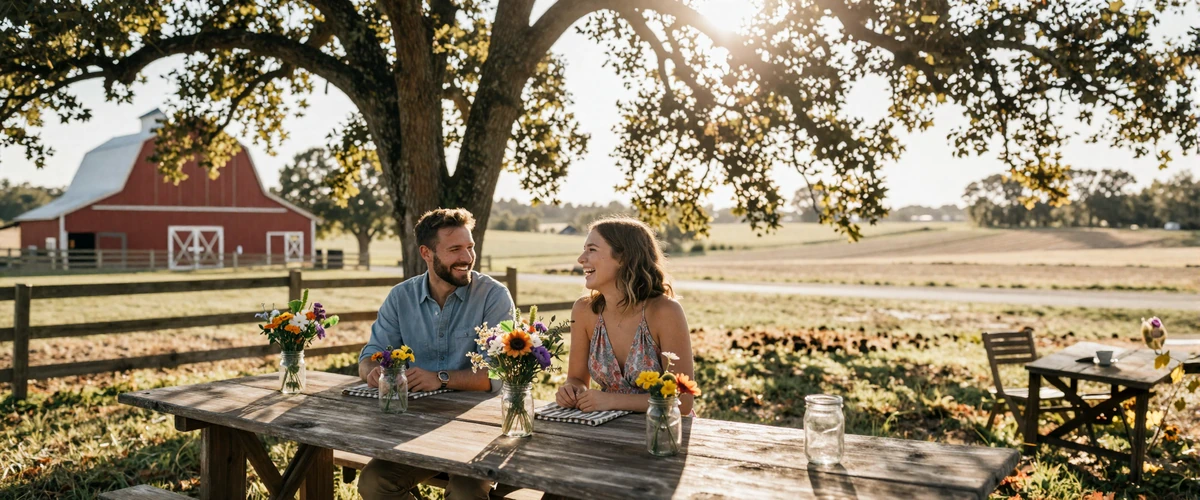 Happy couples celebrating at an outdoor farm table during golden hour - real farmer dating success stories