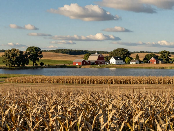 Minnesota farm landscape with golden corn fields and a calm lake at sunset near a classic red barn