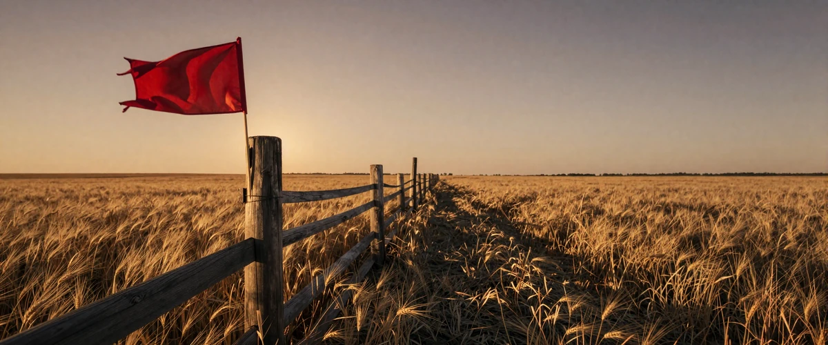 Red warning flag on a fence post in a golden wheat field at sunset - spotting dating red flags in rural America