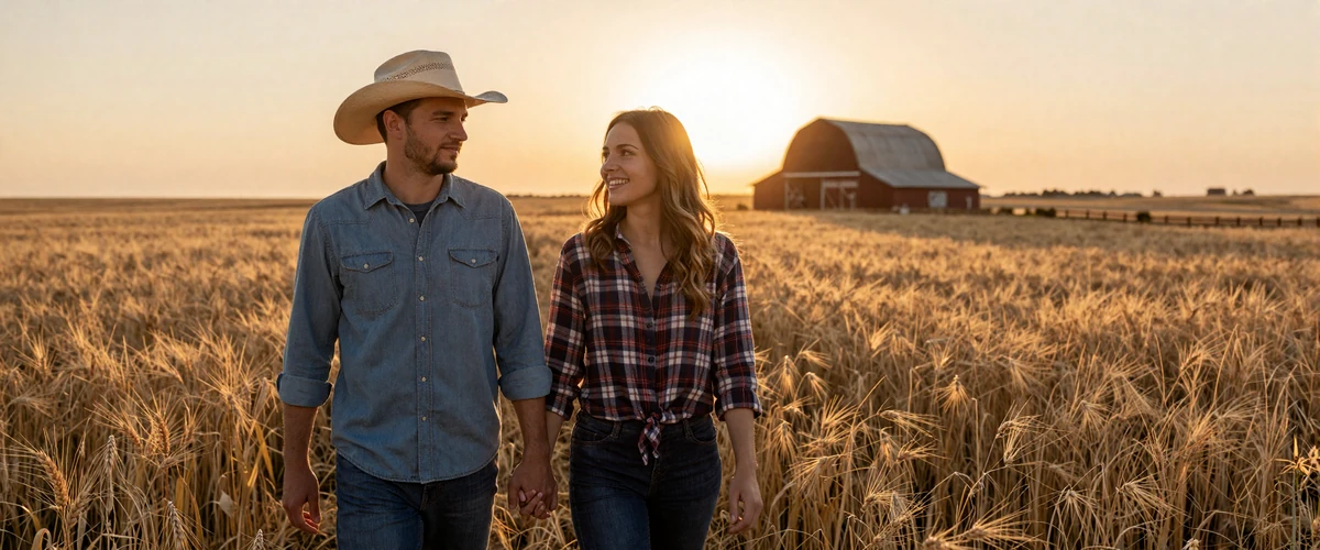 Young farm couple standing in a golden wheat field at sunset - online dating tips for farmers
