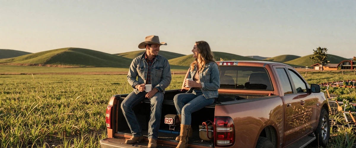 Couple sitting on pickup truck tailgate overlooking farmland at sunset - dating a farmer guide