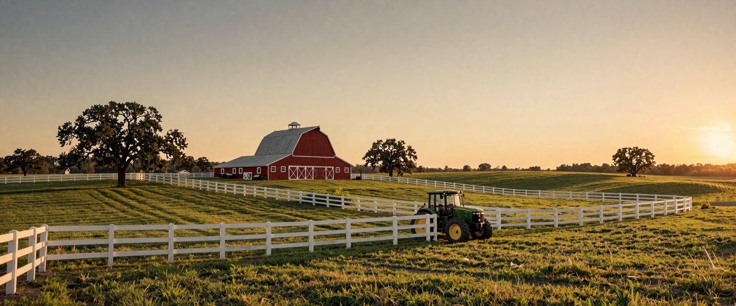 American farmland at golden hour with red barn and rolling pastures