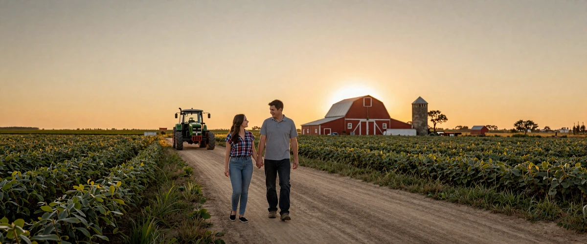 Farm couple walking hand in hand along a dirt road between soybean fields at golden hour - life on a farm and relationships