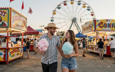 Couple sharing cotton candy at a county fair during golden hour - country date ideas for rural singles