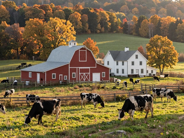Maine dairy farm with red barn and autumn foliage in the New England countryside