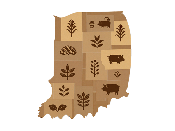 Map of Indiana highlighting agricultural regions for farmers dating with corn and livestock icons