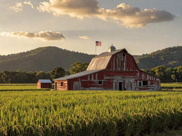 Arkansas rice paddies and farmland with Ozark foothills in the background at golden hour