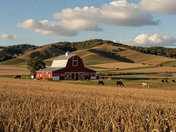 Missouri soybean fields and cattle pastures with red barn under golden afternoon light in the Ozark foothills