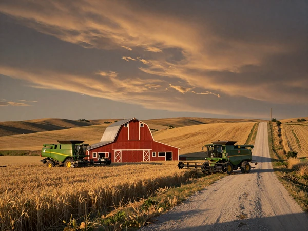 Golden Kansas wheat fields with red barn and grain elevator at sunset across the Great Plains