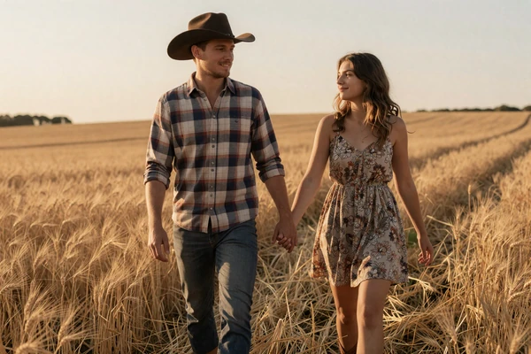 Couple walking through wheat field at sunset - guide to dating a farmer
