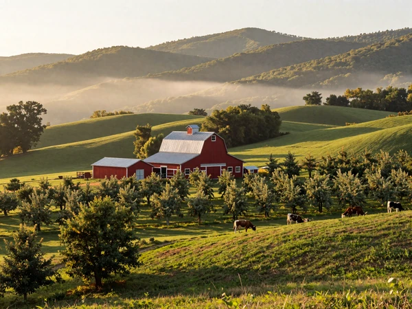West Virginia mountain farmland with red barn in valley surrounded by Appalachian hills at golden hour