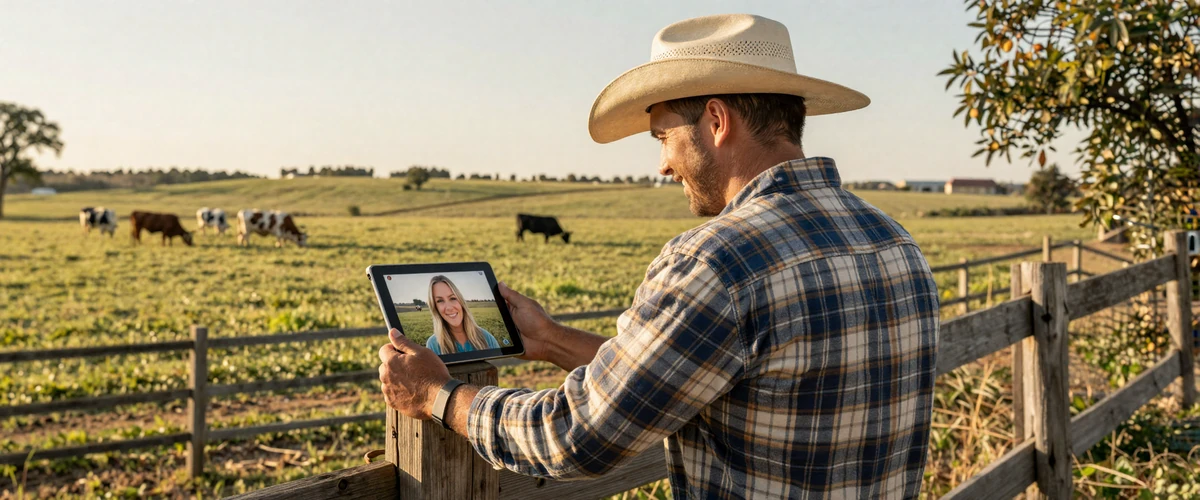 Farmer video calling partner on tablet propped on fence post with green pasture and cattle in background - long-distance rural relationships