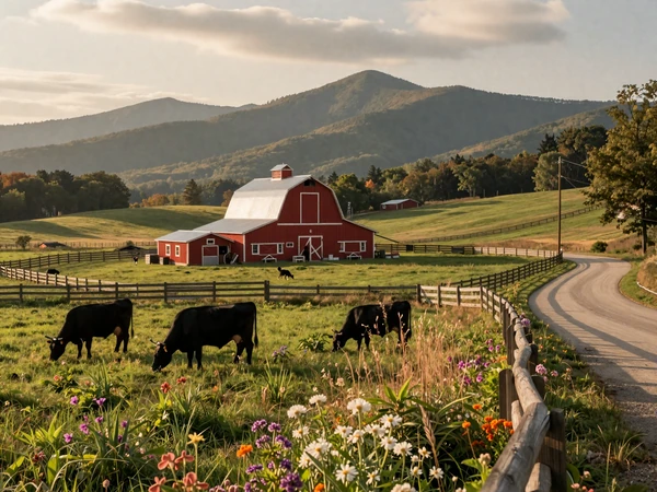 Tennessee rolling green farmland with cattle grazing near a red barn and Great Smoky Mountains in the background at golden hour