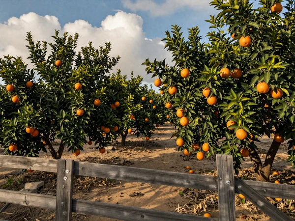 Florida orange grove with ripe citrus fruits and sandy paths between rows at sunrise