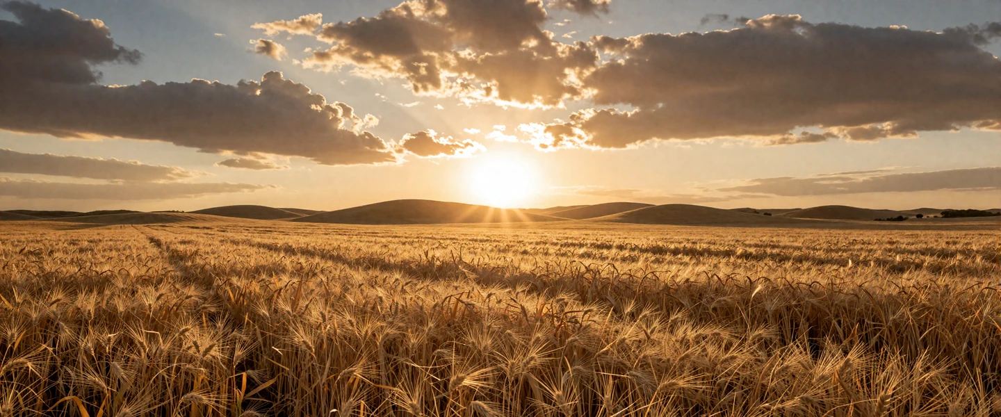 Golden wheat field at sunset across American heartland farmland