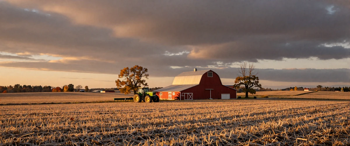 American farmland at golden hour showing seasonal transition from harvest to winter - seasonal dating challenges for farmers